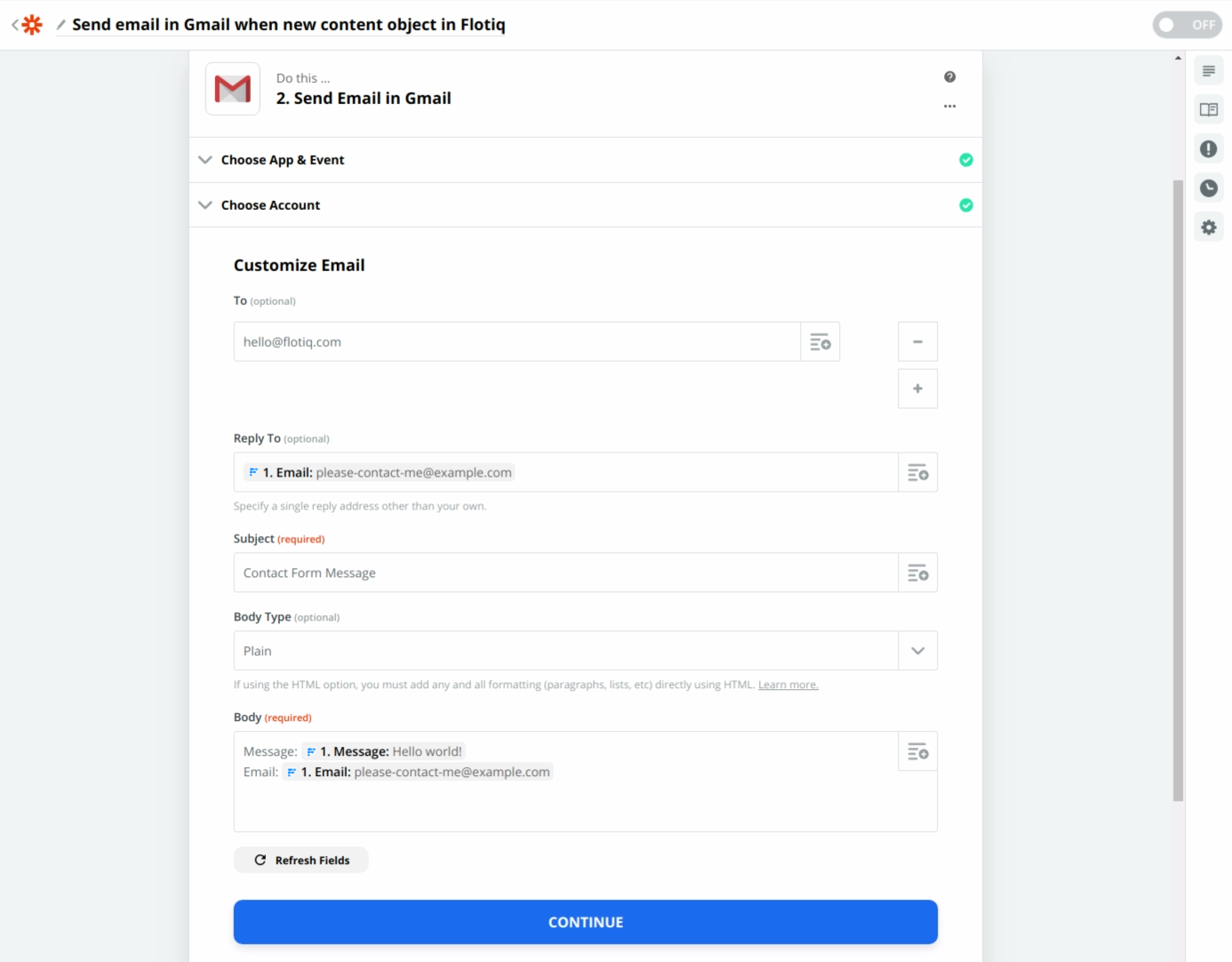 Zapier configuration for Flotiq-based Contact Forms