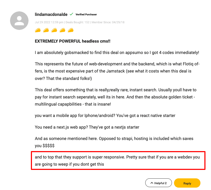 Flotiq review from AppSumo, where responsive support was mentioned