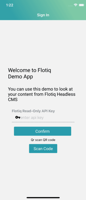 Flotiq Mobile Expo log in screen