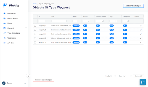 Flotiq enables the integration with a WordPress plugin that lets you e.g. post a WordPress-like blog