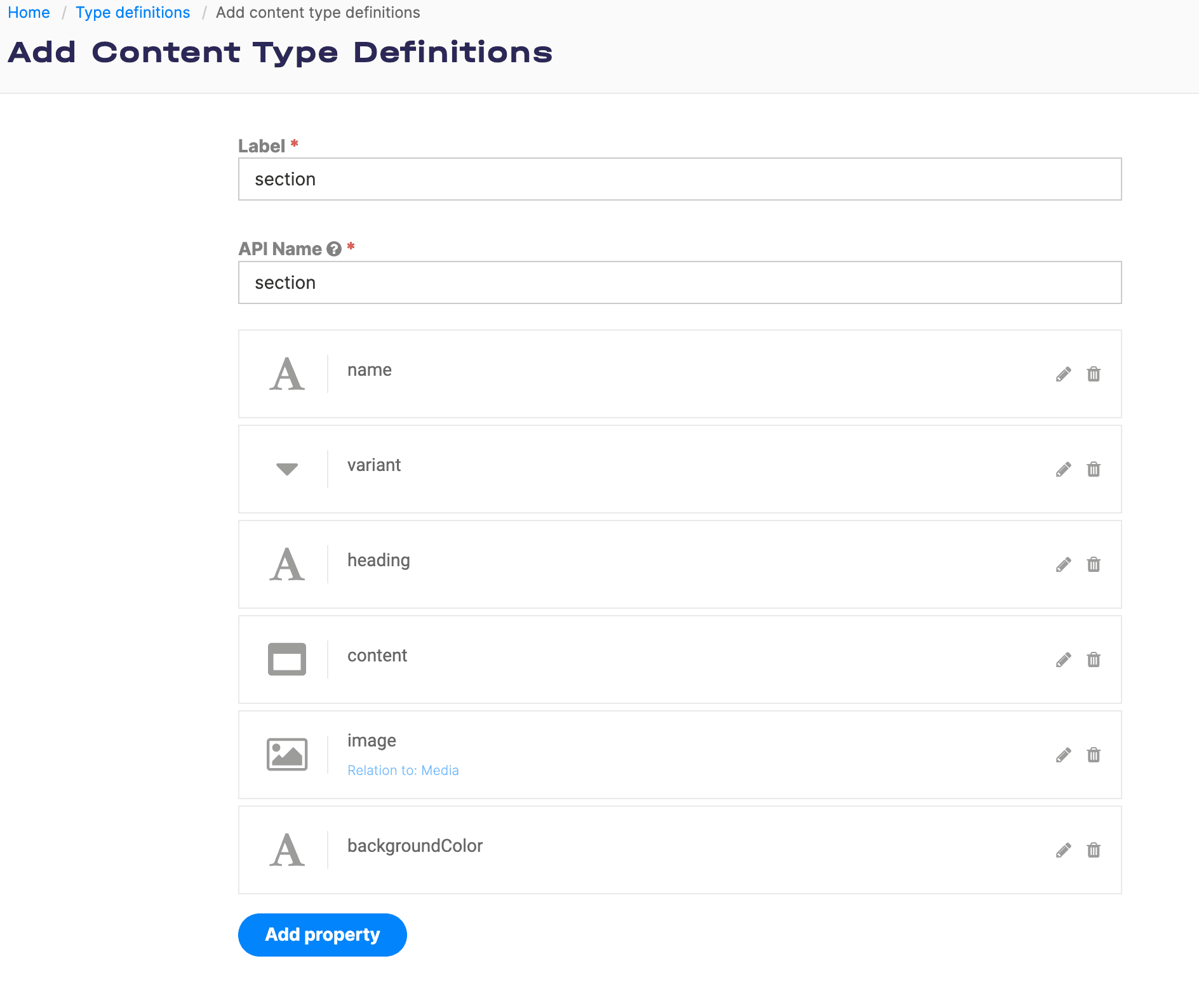Content type definition of a section