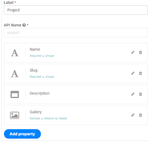 A preview of Flotiq form including properties storing name, slug, description and images for the project