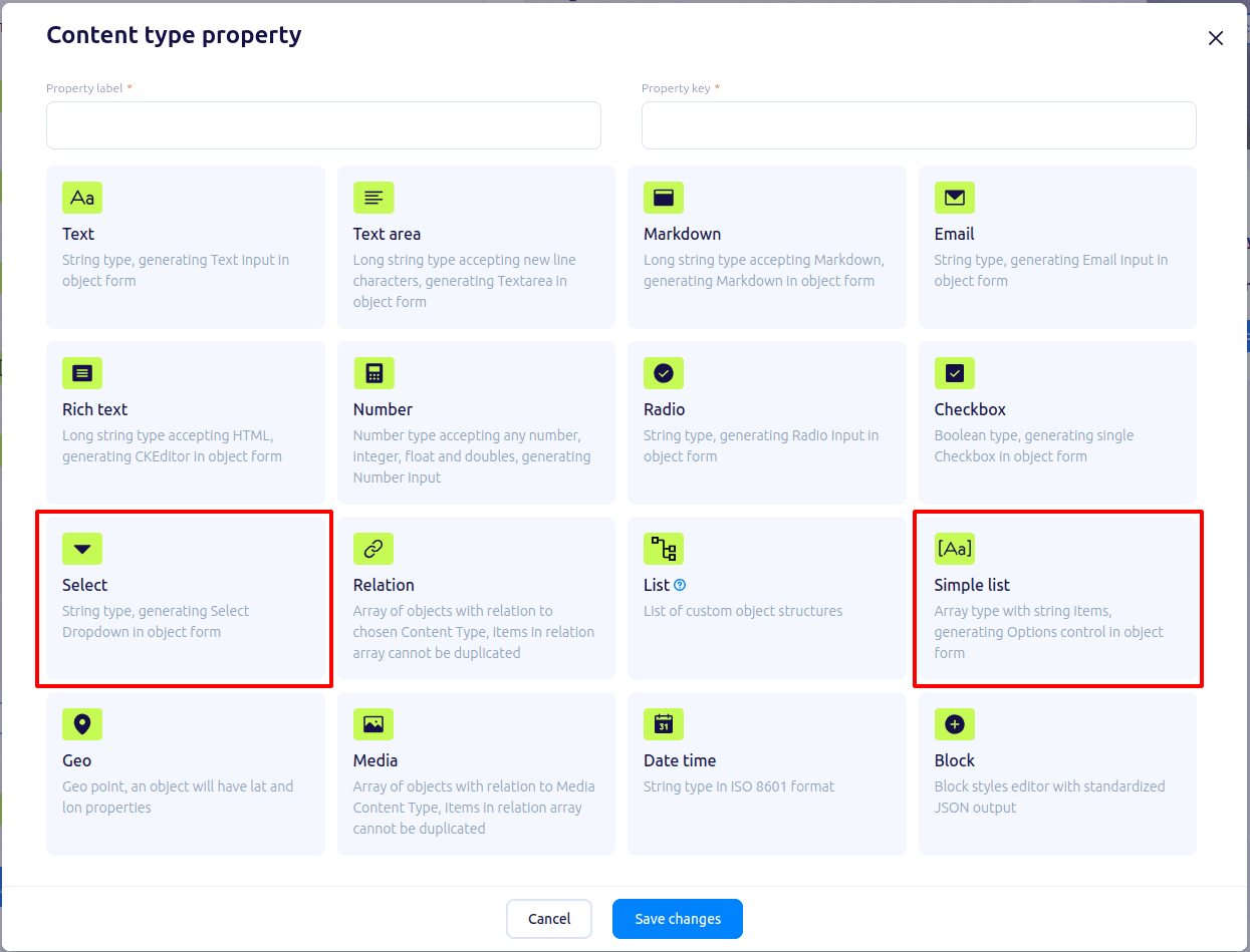Content type property select view with Select and Simple List