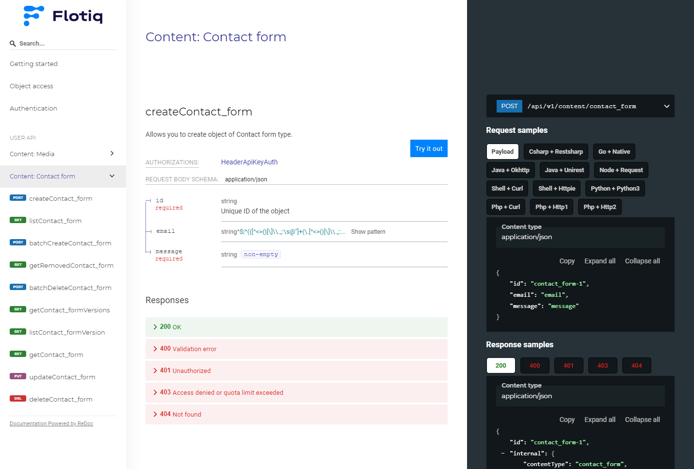 Contact Form API docs