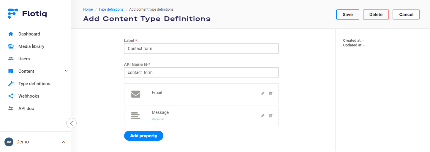 Configuring a content type for contact forms in Flotiq