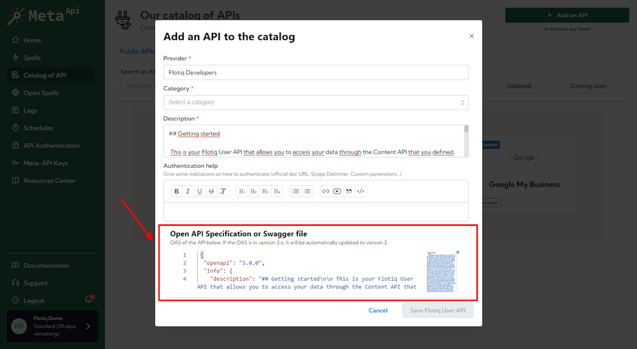 Add an API dialog is the place where you paste OpenAPI Specification
