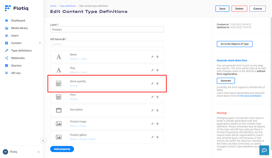 Product Content Type Definition in Flotiq