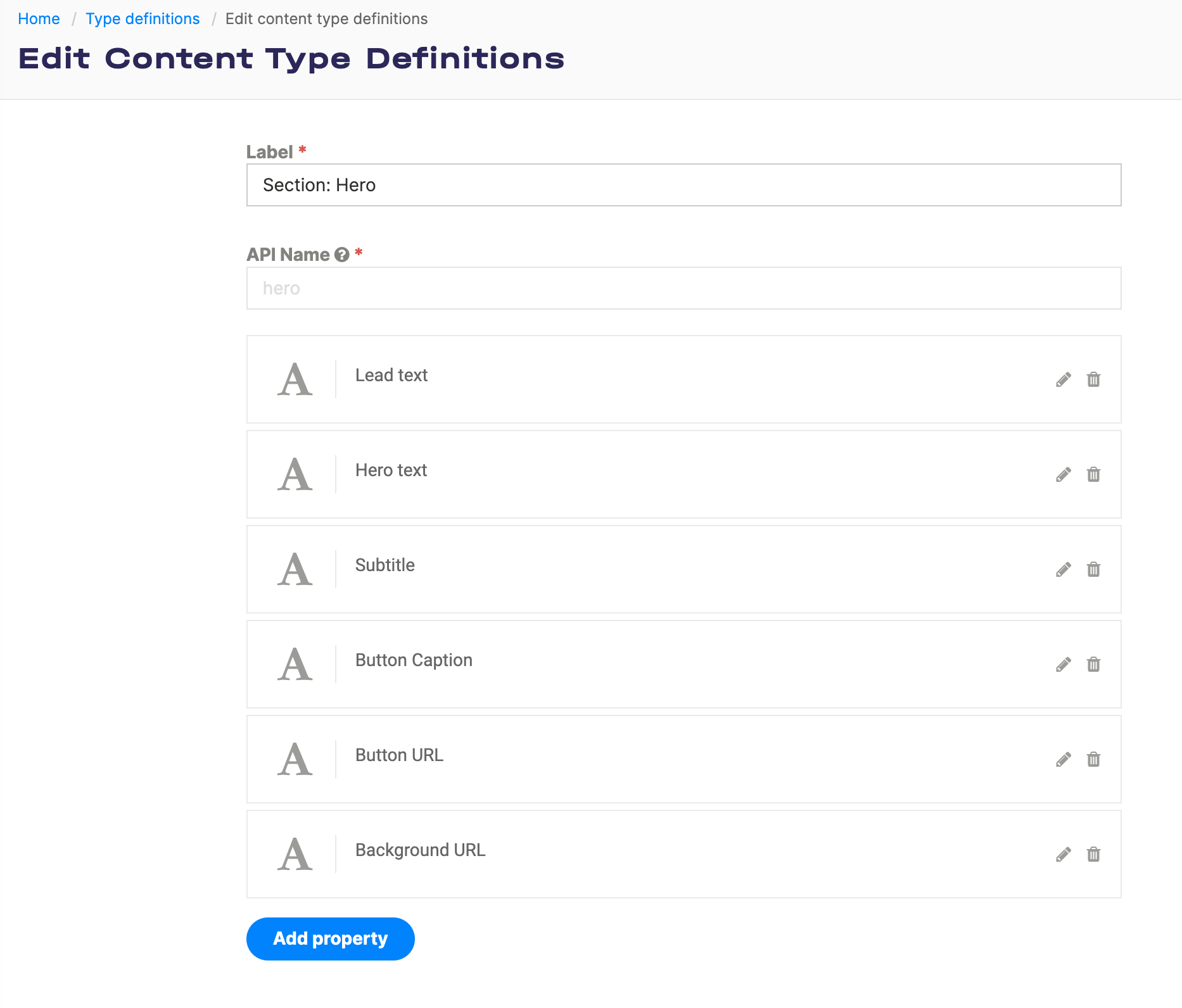 Content type definition for a Hero section component