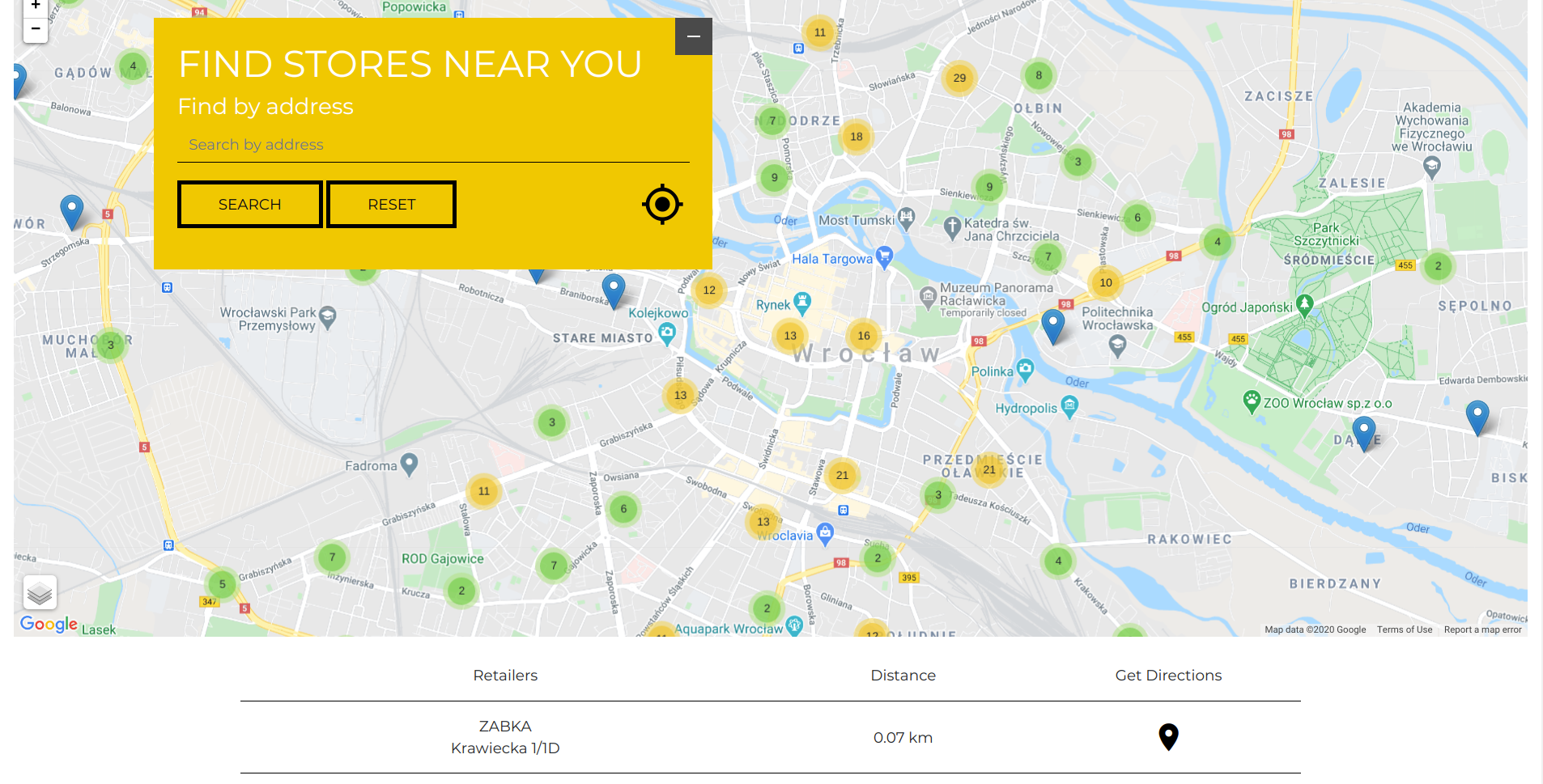 The final result - store locator webpage with data dynamically pulled from Flotiq