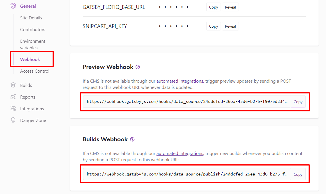 Gatsby Preview and Builds Webhook URLs