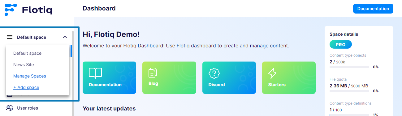 Flotiq dashboard - spaces