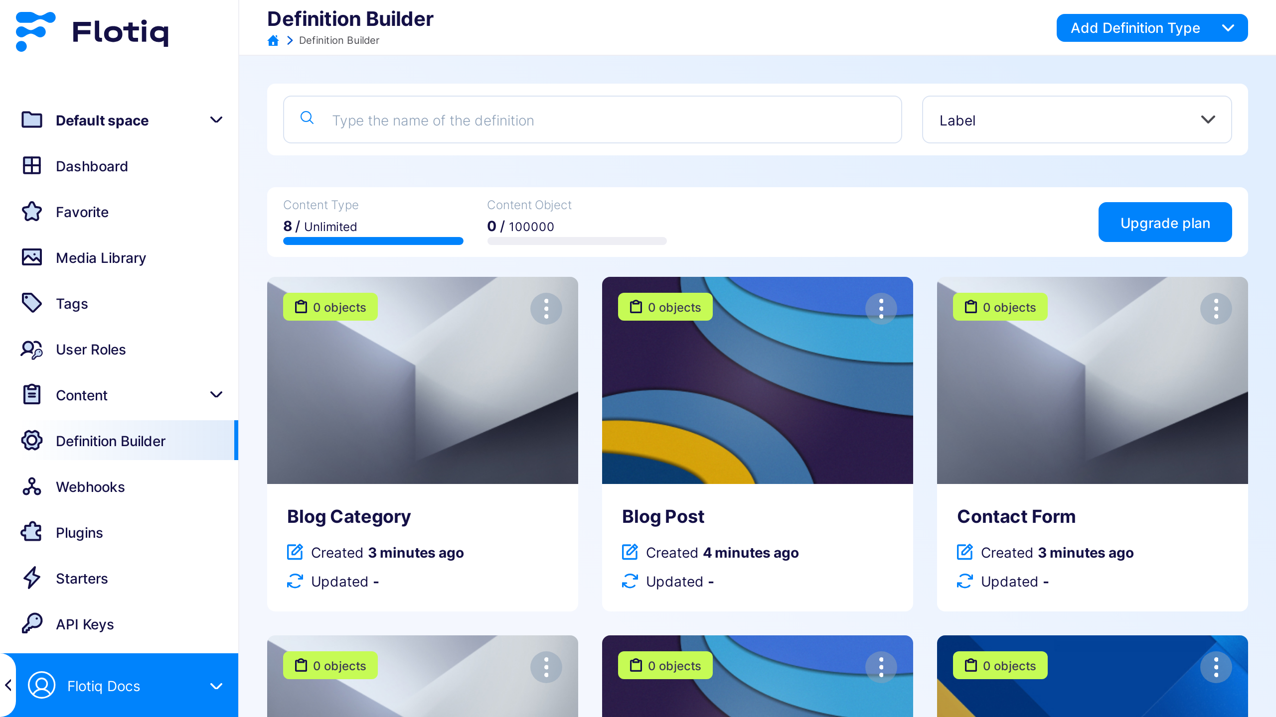 Flotiq Content Type Definitions tile list