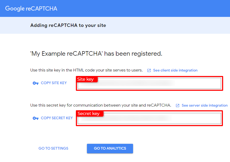 Copy reCAPTCHA keys