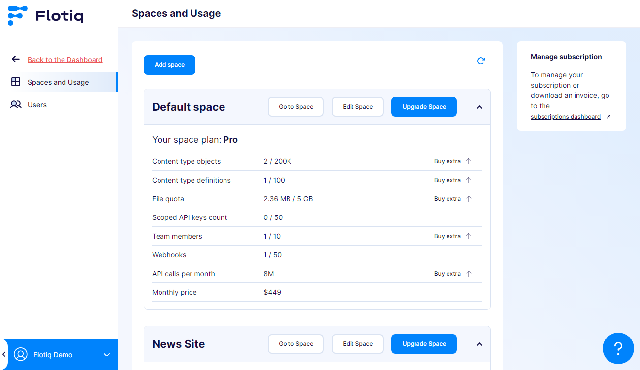 Spaces and Usage view in Flotiq Dashboard